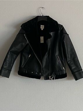 GAP Kids Black Faux Leather Moto Jacket with Black Faux Fur Trim